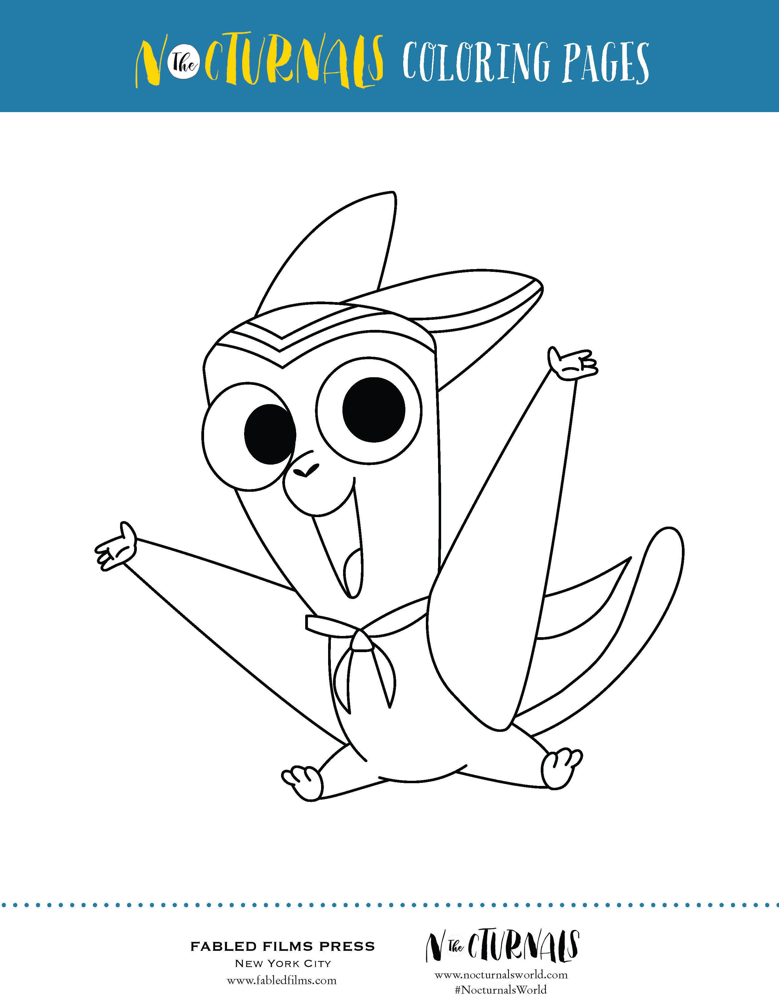 This image shows a preview of The Nocturnals Coloring Pages pdf where Bismark, a sugar glider, has his hands stretched out and a smile on his face. 