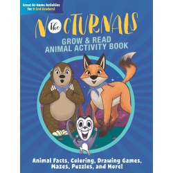 The Grow & Read Animal Activity Book has Tobin, a pangolin, Bismark, a sugar glider, and Dawn, a fox, in the middle looking straight with excited looks on their faces. 