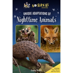 The ebook of the nonfiction chapter book companion to The Mysterious Abductions has a dark blue cover with a real picture of a pangolin climbing a tree branch on the front. Behind the pangolin on the left is a picture of a real sugar glider and on the rig