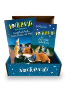 The Adventure Activity Box is a blue box with the first middle grade book of the series, The Mysterious Abductions, and The Nocturnals Activity book along with a fox plush toy of Dawn. 