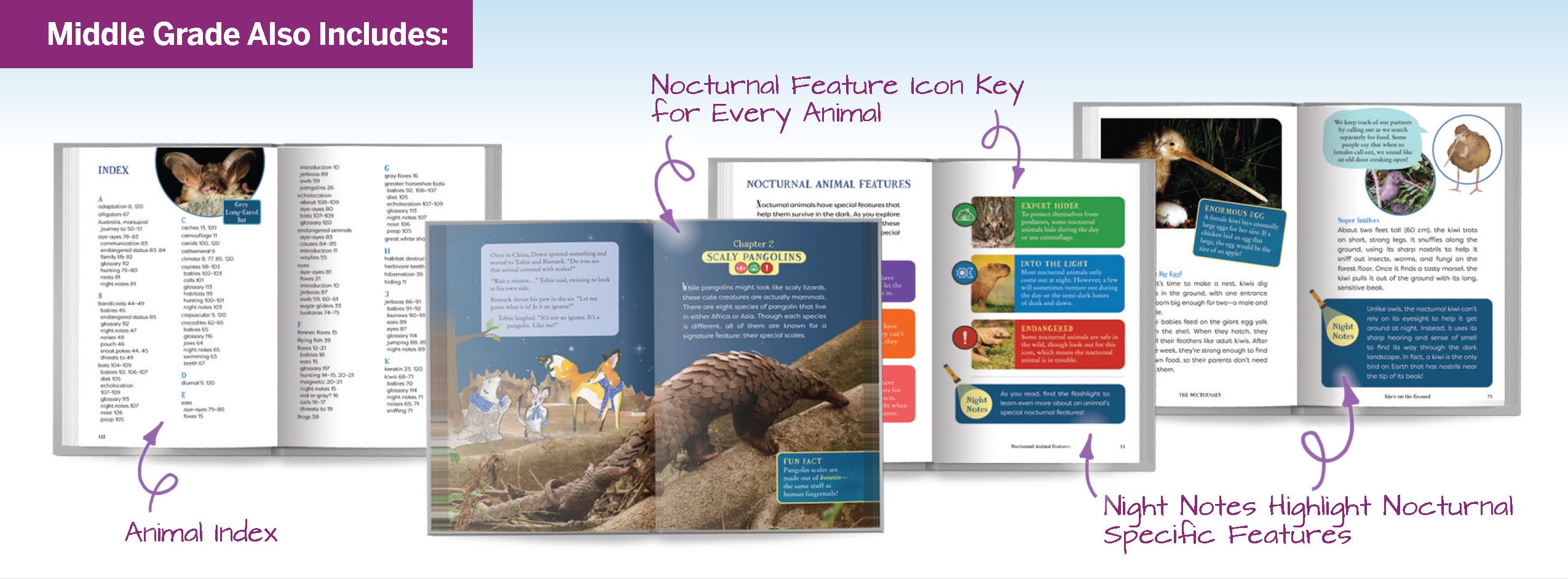 Using arrows to point to certain pages of the book, this graphic shows features of what the middle grade book has such as an animal index, a nocturnal feature icon key for every animal, and night notes. 