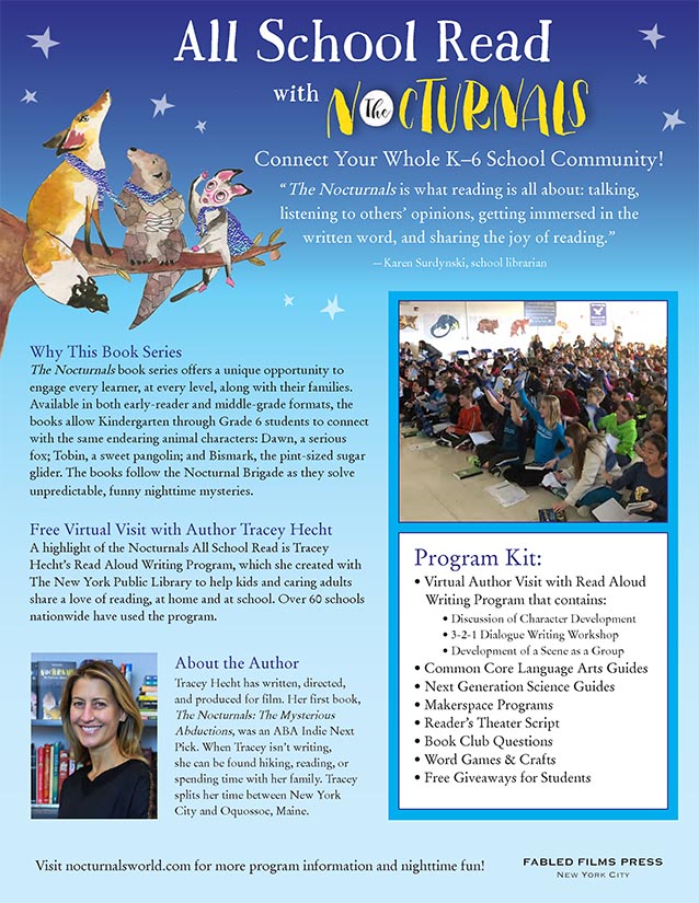 The All School Read Program includes book reviews and schools’ success with The Nocturnals to show how the book series connects with a K-6 school community. 