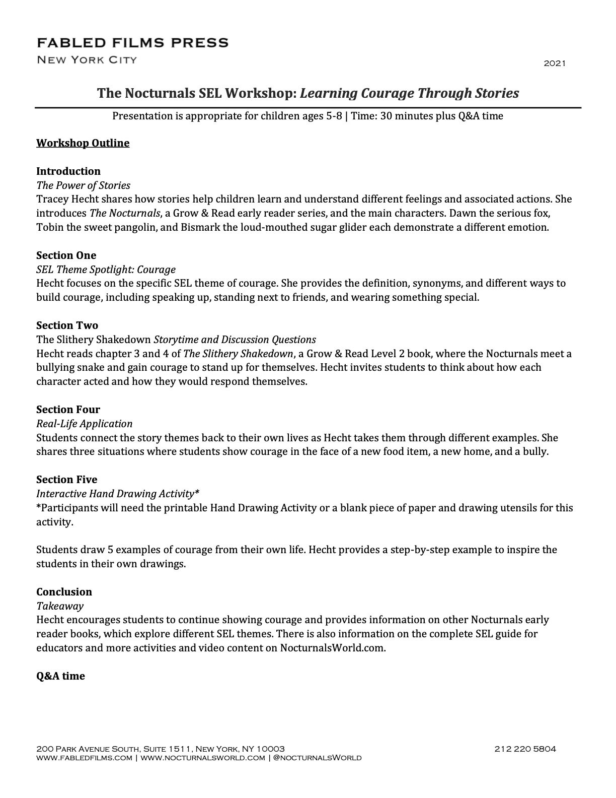 This picture shows pictures of the Virtual Visits with Tracey Hecht, author of The Nocturnals, and includes an outline of her Social Emotional Learning Workshop, along with praise for her virtual author visits.
