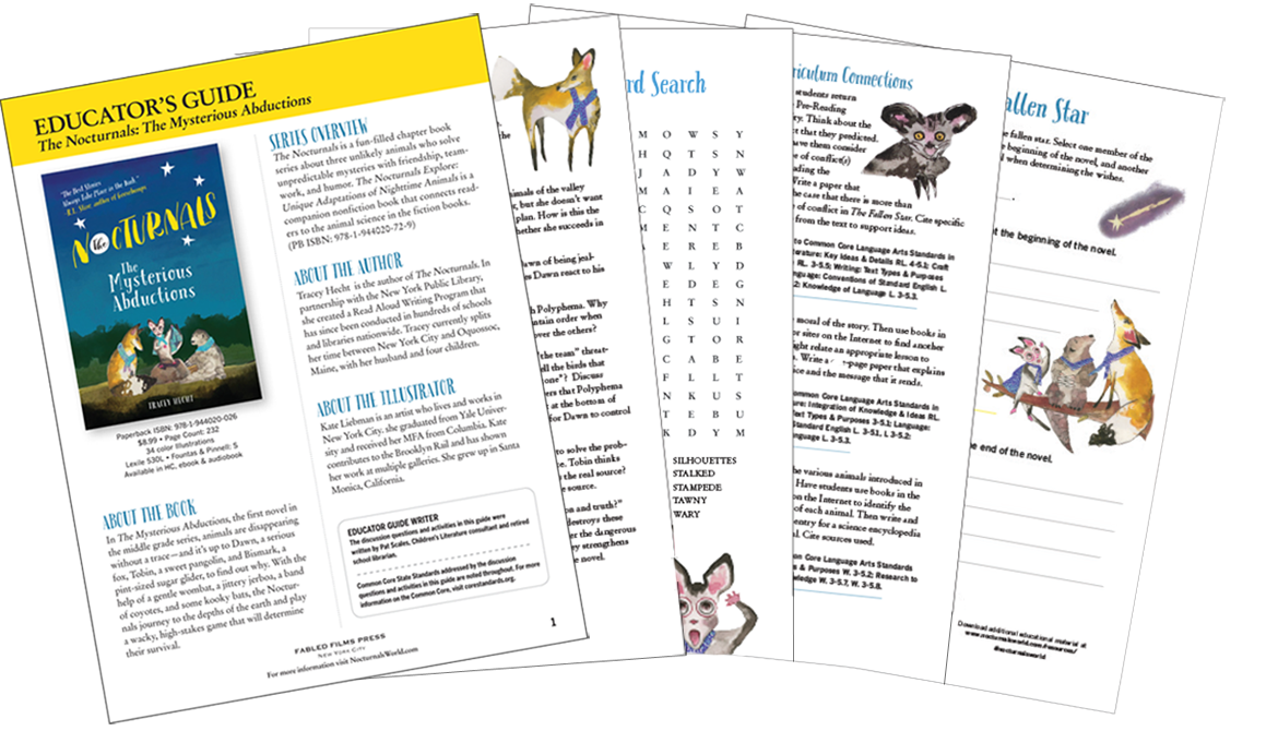 The Educator’s Common Core Language Arts Guide for The Nocturnals: Mysterious Abductions includes middle grade activities such as classroom discussion questions and a printable curriculum connection activity sheet.