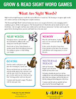 The Grow & Read Sight Word Games include sight word sets that allow kids to play word game activities like Memory, Silly Voices, Go Fish, and Nocturnal Brigade.