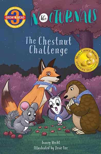 The cover of the Chestnut Challenge features Chandler, a chinchilla, winning against Tobin, a pangolin, at chestnut checkers in the forest. Tobin and Bismark, a sugar glider, looked surprised but Dawn, a fox, who is looking at the game has a suspicious look towards Chandler.