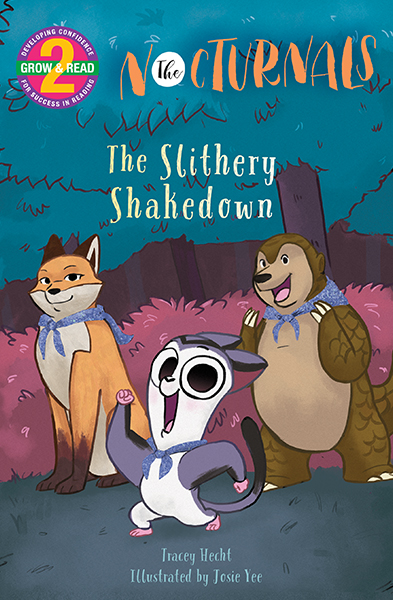 The cover of The Slithery Shakedown features Bismark, a sugar glider, in the center looking straight ahead with a smile and posing with his arms stretched out. Dawn, a fox, is on the left sitting and looking forward. Tobin, a pangolin, is standing with his paws in front of him and smiling at Bismark.