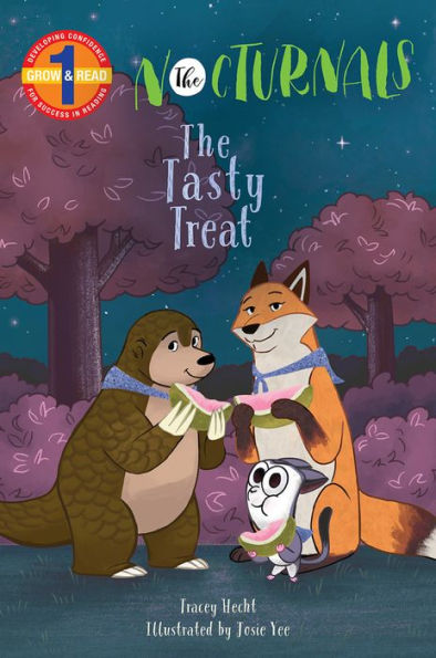 The cover of The Tasty Treat features Tobin, a pangolin, Dawn, a fox, and Bismark, a sugar glider. Each character is holding a piece of pomelo, a fruit, in their paws. Tobin and Dawn are smiling while Bismark is eating his fruit in a forest full of purple trees.